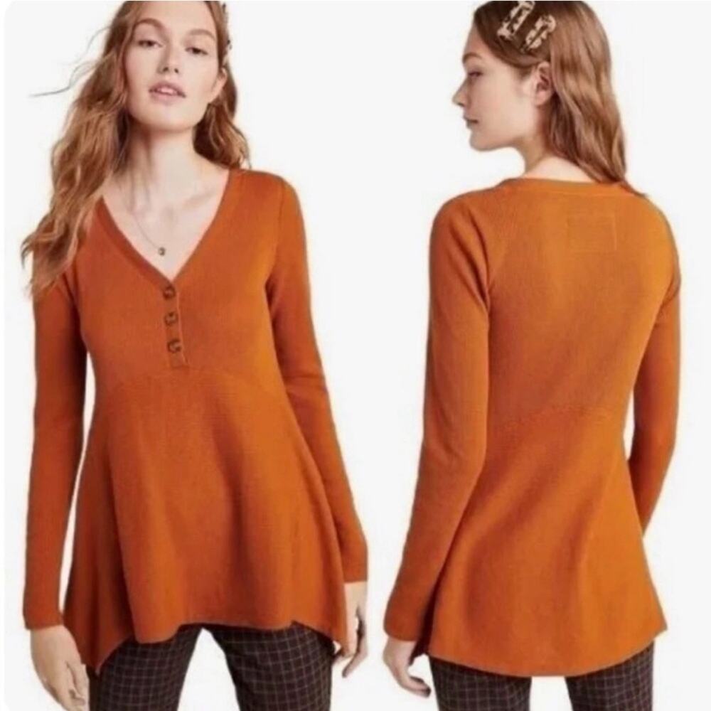 Anthropologie Maeve Eliza Henley Waffle‎ Knit Top Babydoll Buttons Large